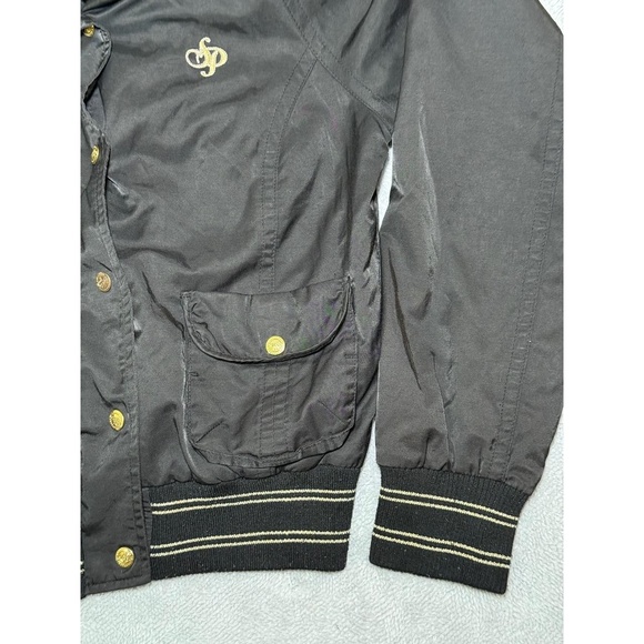 South Pole Large Womens Hooded Bomber Jacket Black Gold Hardware Streetwear - Picture 5 of 12